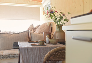 Hébergement glamping cosy chez Smûk Recreatie - Tiny houses Friesland avec table rustique et fleurs sauvages