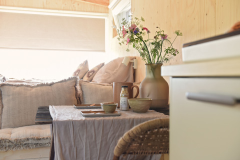 Knusse glampingaccommodatie bij Smûk Recreatie - Tiny houses Friesland met rustieke tafel en bloemen