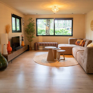 Soggiorno accogliente con arredo moderno a Camping Twente - Chalet Overijssel in alloggio glamping immerso nel verde.