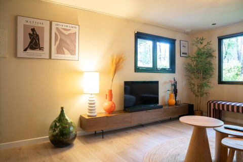 Sala de estar moderna en el glamping Camping Twente - Chalet Overijssel con decoración elegante y grandes ventanas.