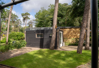 Modern glamping accommodation at Camping Twente - Chalet Overijssel, surrounded by lush green trees.