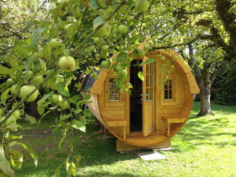 Uniek wijnvat-glampingverblijf bij Minicamping De Bokkepsprong, omringd door appelbomen in Zeeland.