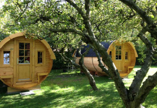 Twee houten wijnvat-huisjes voor glamping bij Minicamping De Bokkepsprong, sfeervol gelegen in Zeeland.