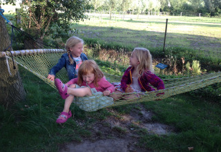 Three children playing and laughing together on a hammock at Minicamping De Bokkepsprong - Wijnvaten in Zeeland.