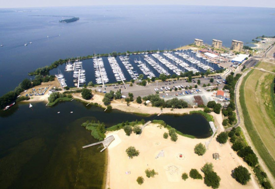 Overview park with beach, harbor and lake - Marina Parcs Almere - Almere, Flevoland, Netherlands