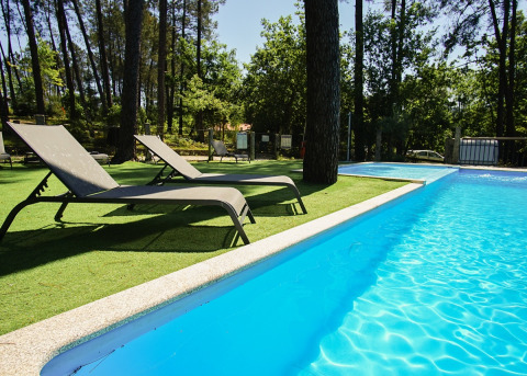 Außenpool mit Sonnenliegen im Wald, umgeben von Bäumen bei Lima Escape Glamping in Portugal.