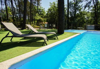 Outdoor swimming pool with sun loungers on green grass, forest setting at Lima Escape Glamping Portugal.