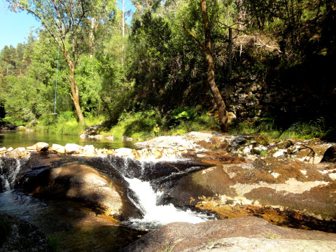 Ruisseau ensoleillé et forêt près de Lima Escape glamping et camping au Portugal, idéal pour séjour nature.
