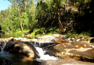 Arroyo soleado y bosque junto a Lima Escape glamping y camping en Portugal, ideal para relajarse en la naturaleza.