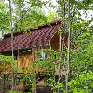 Treehouse glamping accommodation at Boomhutpark Voglsam, nestled among green trees in Bavaria, Germany.