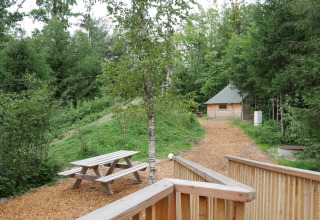 Vista del Boomhutpark Voglsam - Boomhutten Beieren glamping con foresta, sentiero e casetta in legno d’estate.