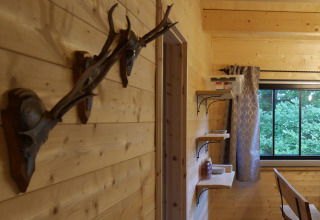 Interieur van een boomhut bij Boomhutpark Voglsam, met houten wanden, schappen en een raam met uitzicht.