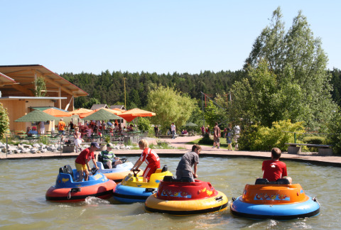 Niños juegan en botes chocones coloridos en Boomhutpark Voglsam, un camping con glamping.