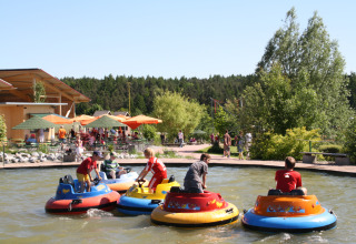 Bambini giocano su barche autoscontro colorate al Boomhutpark Voglsam, campeggio e glamping.