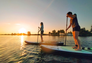 Dos personas practicando paddle surf al atardecer en un lago en Camping Natuurlijk de Veenhoop en Frisia.