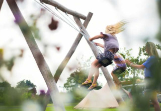 Children playing on swings at Camping Natuurlijk de Veenhoop safari tents campsite in lush surroundings.