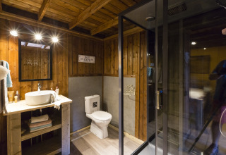 Bagno glamping rustico con pareti in legno, doccia moderna e lavabo al Weekend Glamping Resort Lago di Garda.