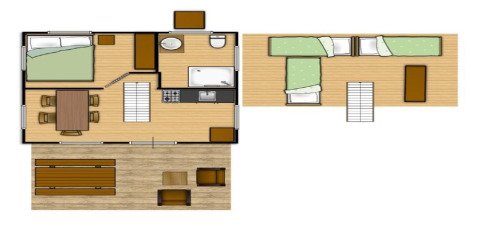 Plattegrond van glampingaccommodatie in Weekend Glamping Resort Gardameer, met slaap- en leefruimtes.