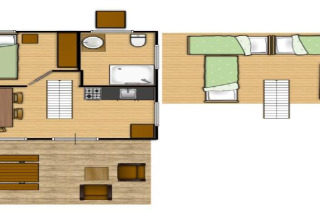 Plattegrond van glampingaccommodatie in Weekend Glamping Resort Gardameer, met slaap- en leefruimtes.