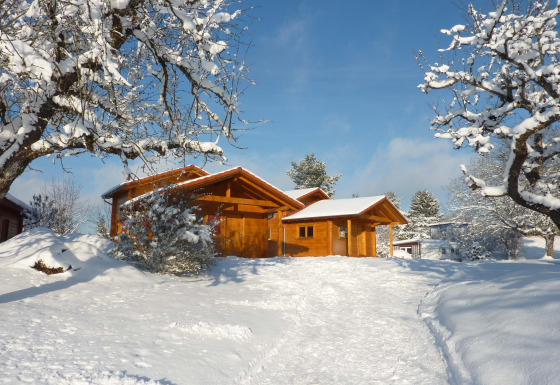 Cabaña de madera entre nieve en Höhencamping Königskanzel, lodge en la Selva Negra bajo cielo azul.