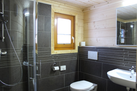 Moderne badkamer met douche, toilet en wastafel in een lodge bij Höhencamping Königskanzel, Zwarte Woud.