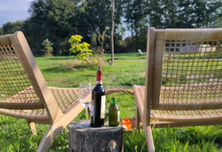 Two lounge chairs and a stump table with wine bottle and glasses outdoors at Uitstek - Tiny Houses Drenthe.