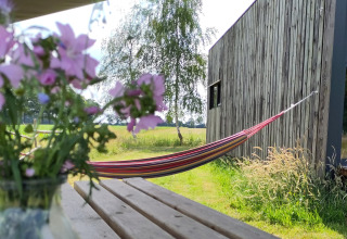 Outdoor scene at Uitstek - Tiny Houses Drenthe featuring a hammock, flowers, and wooden picnic table.