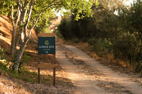 Camino de entrada a Lodge Lua - Glamping Algarve, Portugalvillas, rodeado de naturaleza y árboles al atardecer.