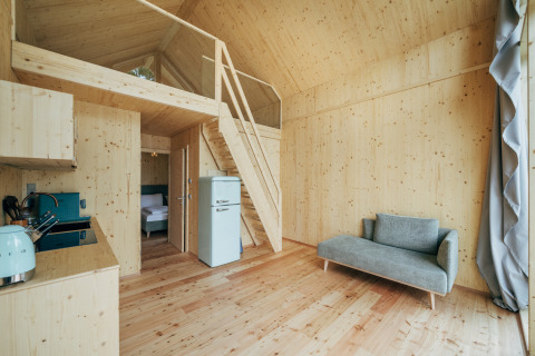Vista interna di un moderno lodge in legno con soppalco, angolo cottura, frigo retrò e divano a Eco Lodges Millstätter See.