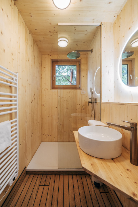 Baño moderno de madera en Eco Lodges Millstätter See - Lodges Oostenrijk con ducha y espejo redondo.