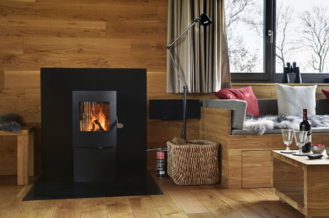 Moderne glamping woonkamer bij Elbinselhof Krautstrand met houtkachel, houten wanden en gezellige zitplek.