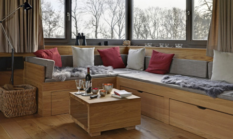 Cozy glamping lounge at Elbinselhof Krautstrand Boomhutten Nedersaksen with wood decor and comfy seating.