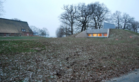 Hébergement glamping Elbinselhof Krautstrand - Boomhutten Nedersaksen, semi-enterré dans une colline herbeuse.