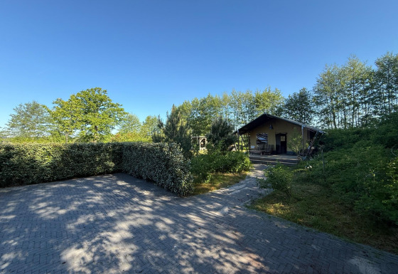 Glamping accommodation at Koakelbonts Lovenest - Safaritent Gelderland, surrounded by lush green trees and bushes.
