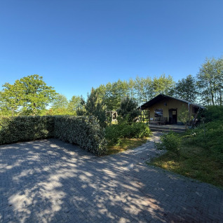 Glamping indkvartering ved Koakelbonts Lovenest - Safaritent Gelderland, omgivet af frodige grønne træer og buske.