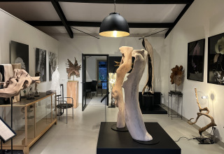 Galerie d'art moderne avec sculptures en bois et œuvres exposées, bien éclairée au Koakelbonts Lovenest.