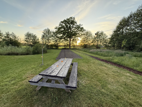 Banc de pique-nique et champ verdoyant au coucher du soleil au Koakelbonts Lovenest Safaritent en Gelderland.