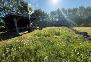 Site de glamping Koakelbonts Lovenest avec tente safari à Gelderland, entouré de verdure et de soleil.