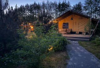 Alojamiento glamping Koakelbonts Lovenest en Gelderland, Países Bajos, con tienda safari al anochecer.