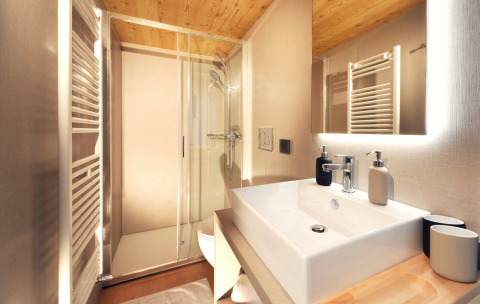 Modern badkamerinterieur met houten plafond in Tiny House Tirol bij Nature Resort Natterer See.