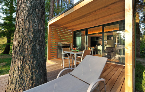 Terrazza esterna al Nature Resort Natterer See - Tiny House Tirol con barbecue, tavolo, sedie e natura verde.