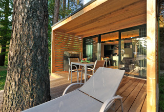 Buitenterras van Nature Resort Natterer See - Tiny House Tirol met barbecue, eettafel en uitzicht op bos.