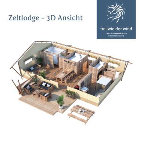 3D-weergave van een glamping tentlodge met terras, zithoek, slaapkamers en houten eettafel.