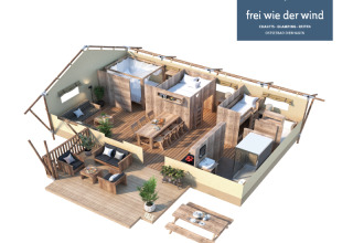 3D-Ansicht einer Zeltlodge mit Terrasse, Wohnbereich, Schlafzimmern und Essbereich für Glamping.