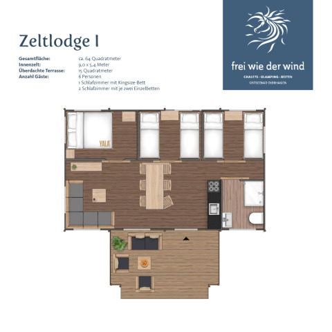 Plan d'une tente lodge glamping avec six lits, cuisine, salon et terrasse, Frei wie der Wind, mer Baltique.