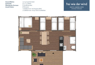 Planimetria di una tenda lodge glamping con sei letti, cucina, soggiorno e terrazza, Frei wie der Wind.