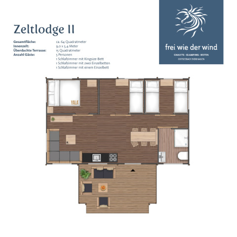 Plattegrond van Zeltlodge II glampingaccommodatie met slaapkamers, overdekt terras en leefruimte.