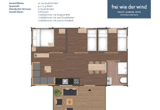 Floor plan of Zeltlodge II glamping accommodation showing bedrooms, covered terrace, and living area.