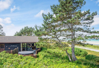 Ferienhaus in Glesborg, Dänemark, mit Whirlpool, Meerblick und umgeben von üppigem Grün und Bäumen.
