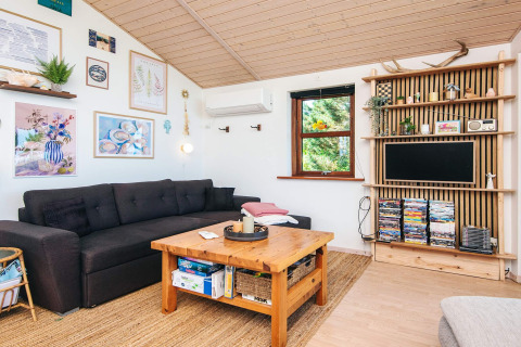 Lichte living in het ‘4 persoons vakantiehuis in Glesborg’, Denemarken, met zetel en houten rekken.